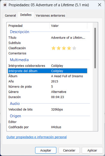 Ver metadatos de música en el Explorador de Archivos de Windows