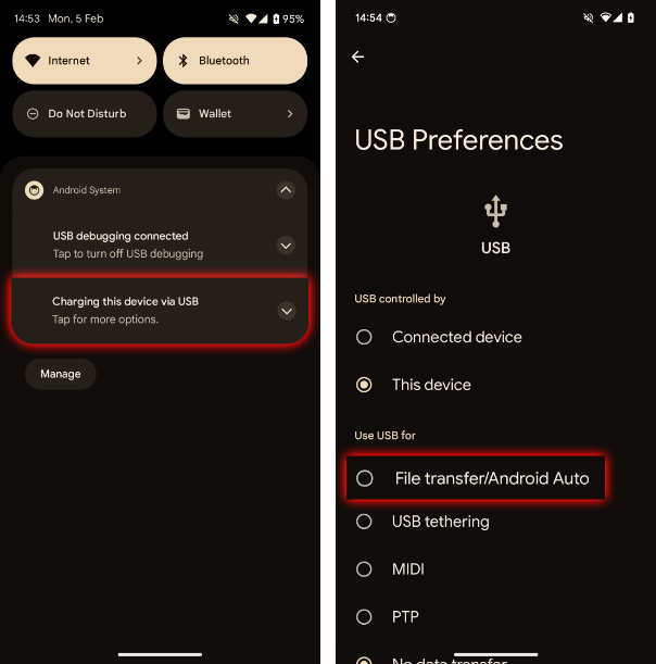 Configurar la opción de transferencia de archivos USB