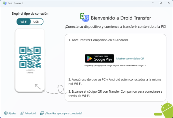 Pantalla de bienvenida de Droid Transfer