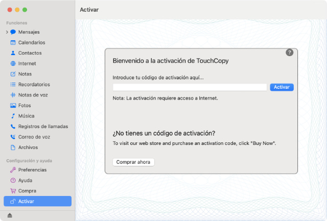 Introducción del código de activación de TouchCopy en Mac